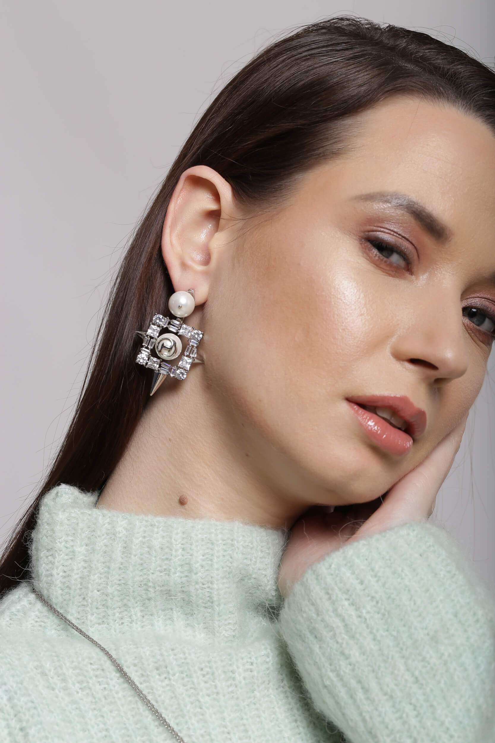 silver stud hoop earrings with pearl