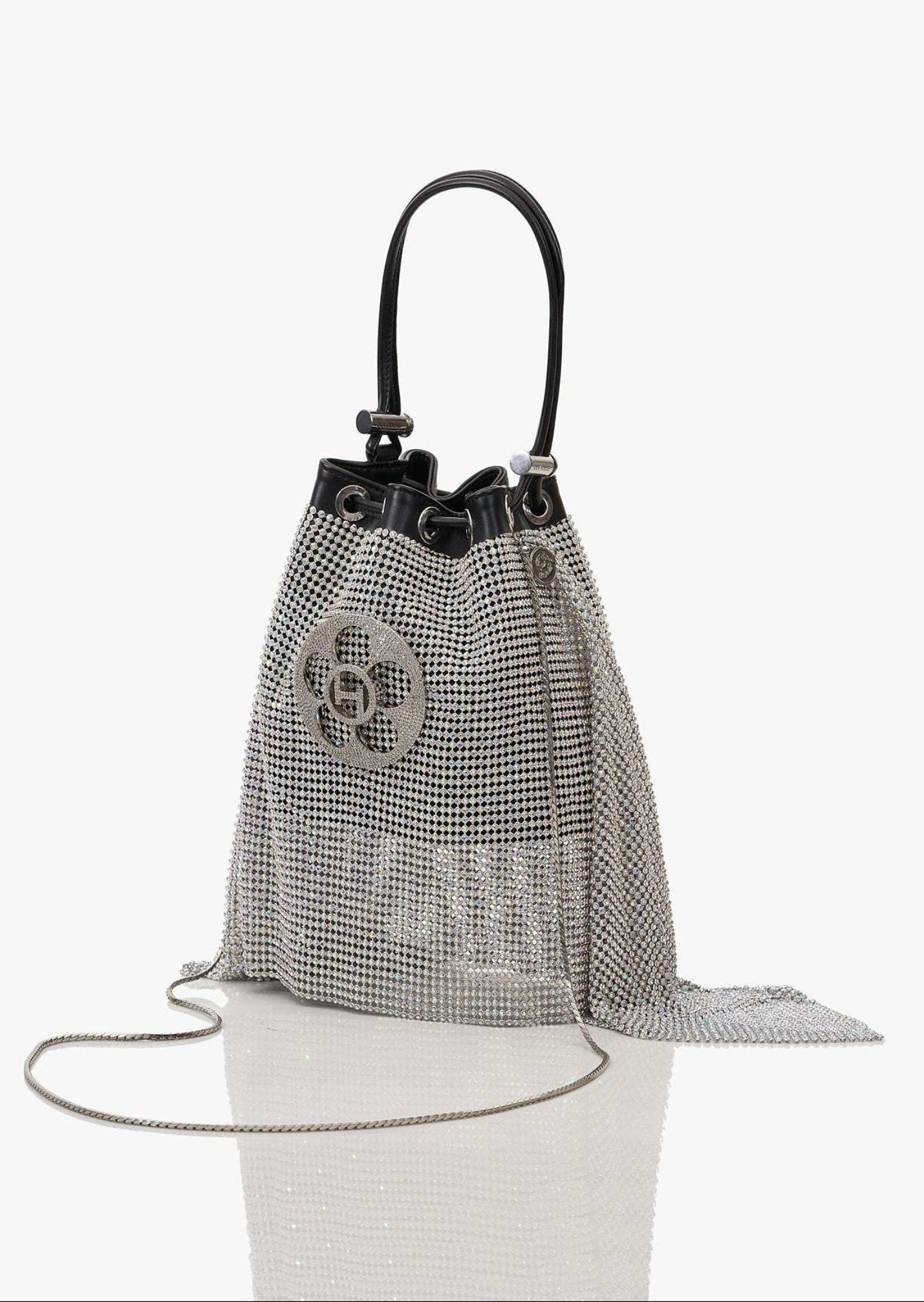 The Crystal Poppi Bucket Bag In Stardust Silver