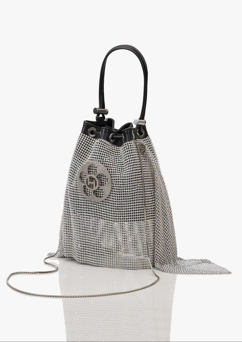 The Crystal Poppi Bucket Bag In Stardust Silver