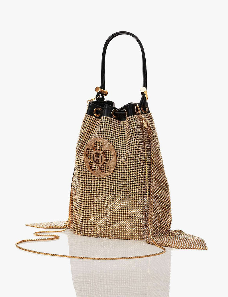 The Crystal Poppi Bucket Bag In Sculpted Gold