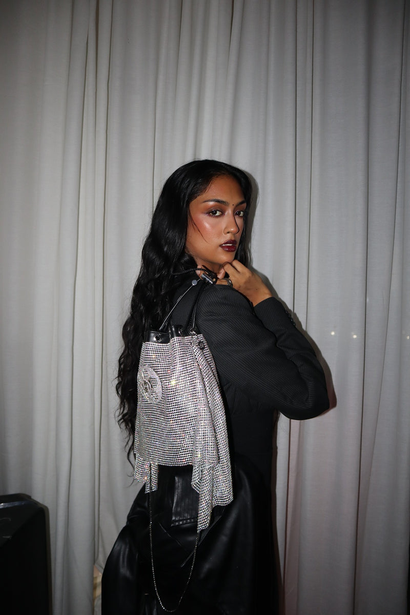The Crystal Poppi Bucket Bag In Stardust Silver
