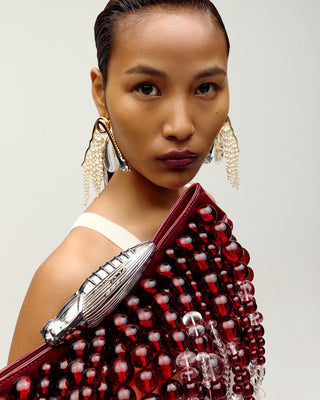 KOKO HALO CASCADE CLUTCH  IN CRIMSON