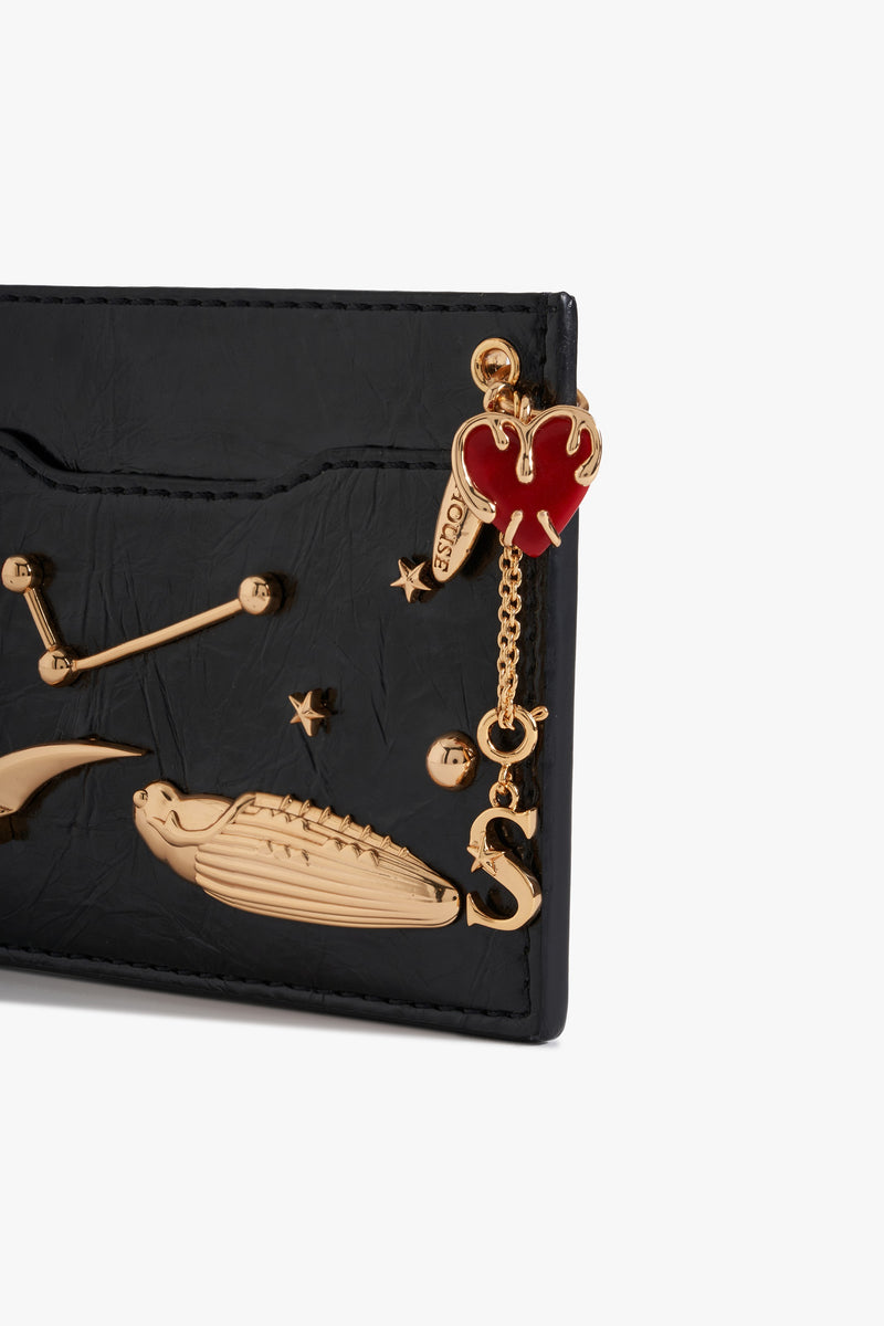 Zodiac Gold Charms Card Holder in Black Leather