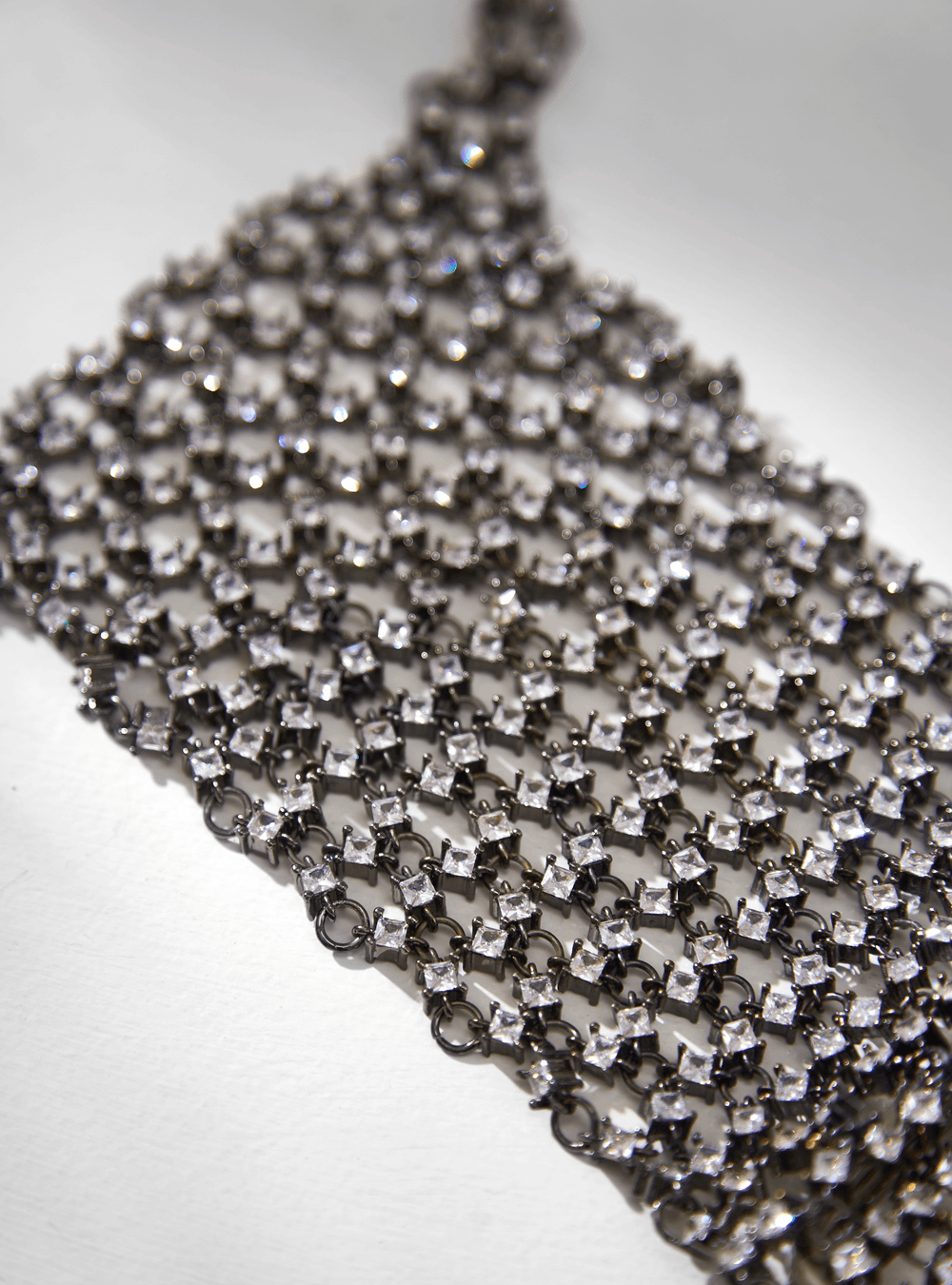Handcrafted Drip "OH" Chainmail Silver Gloves In Rhinestone