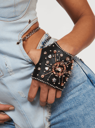 OH Jewelled Leather Glovelettes In Black