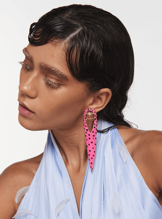 Pink enamel stud long earrings 