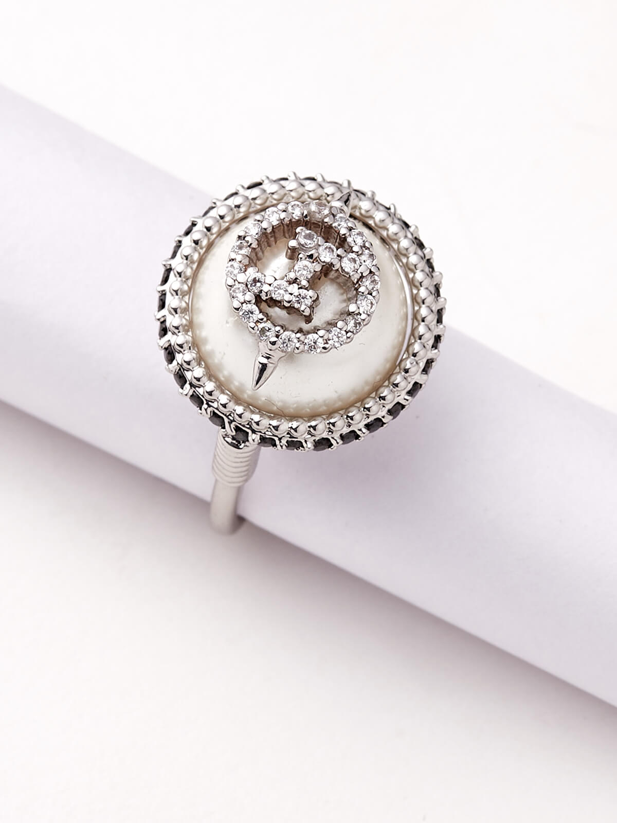 Outhouse: Jewelled Monogram Fingertip Ring in Silver