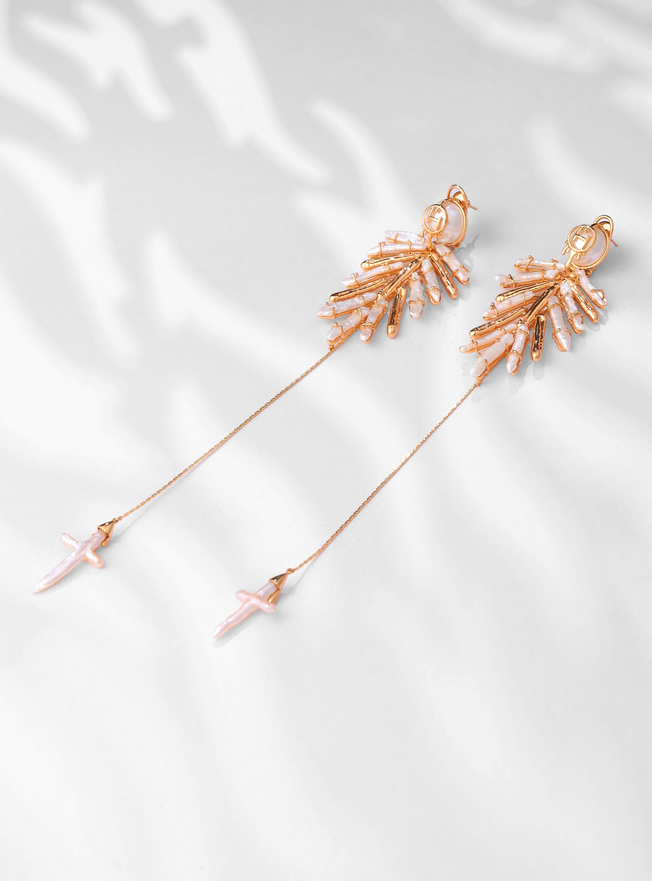 threader long earrings in gold & pearls 