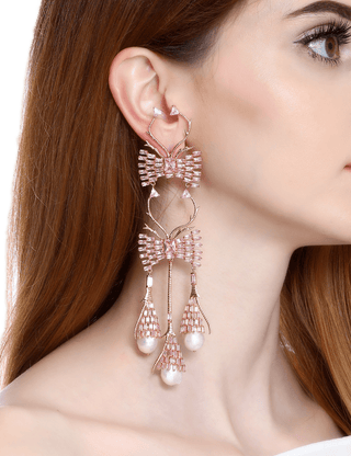 pink crystal pearl long earrings