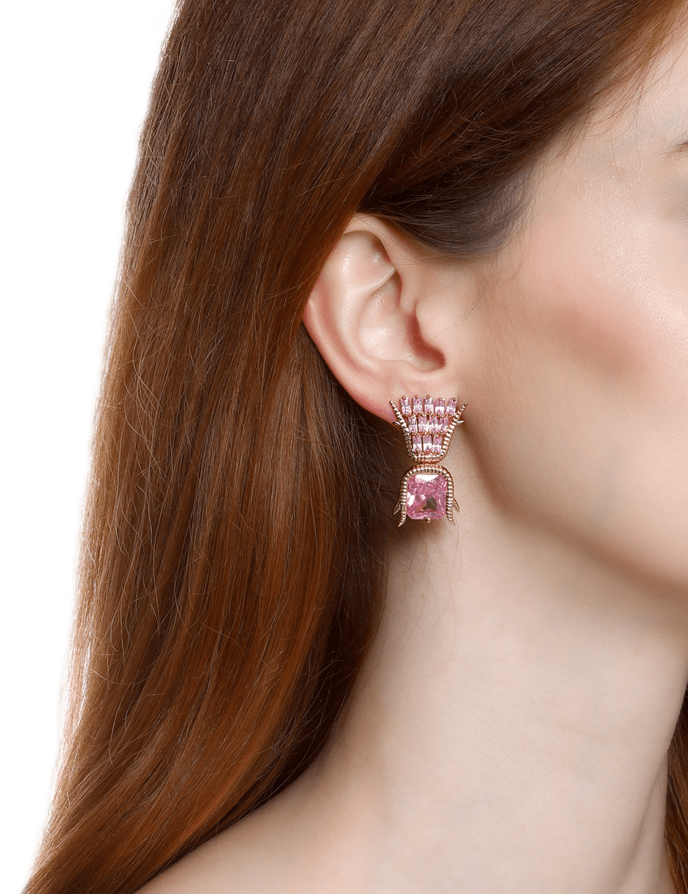 rose gold stud earrings with pink crystal